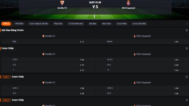 Bảng tỷ lệ kèo trận Sevilla vs Espanyol